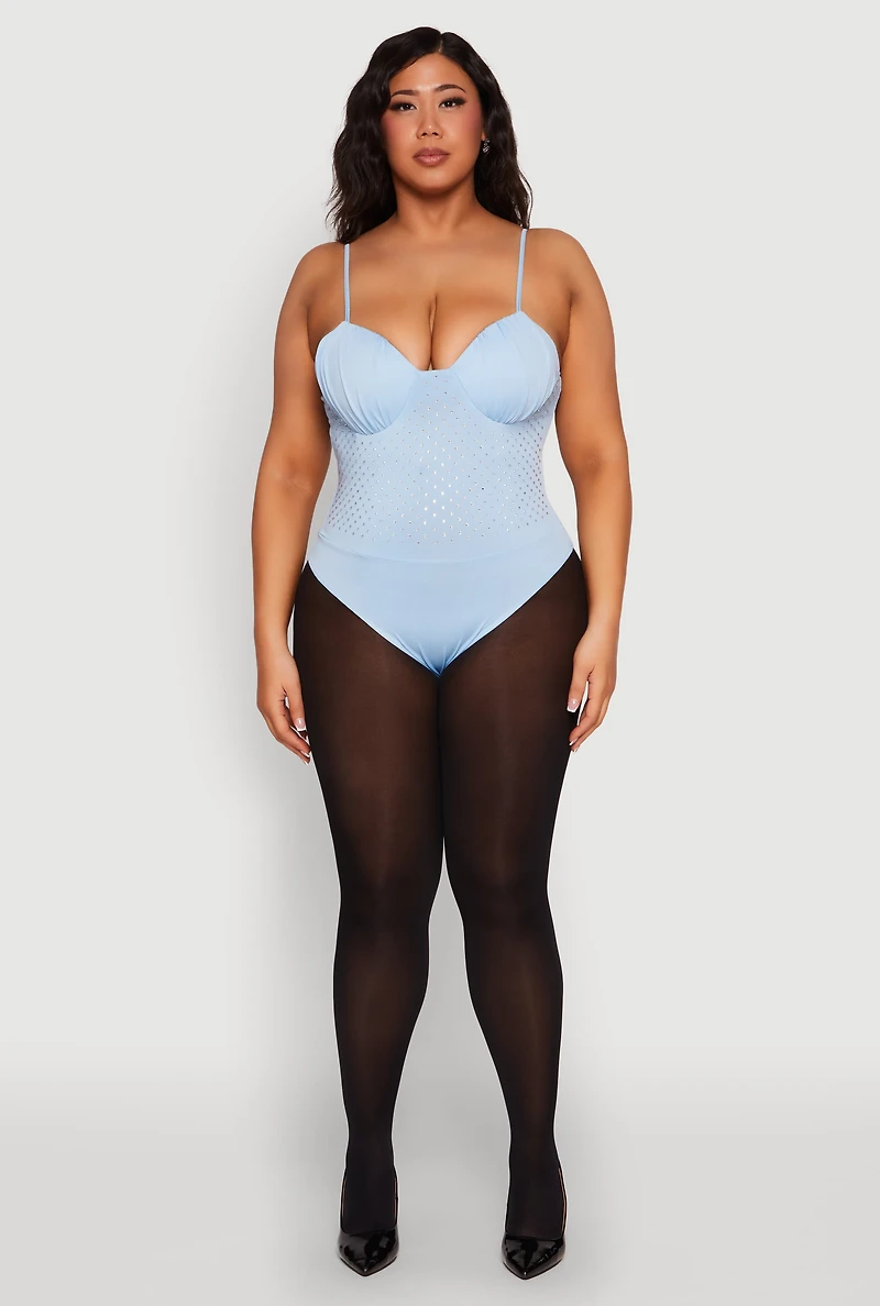 Womens Plus Rhinestone Ruched Padded Bustier Bodysuit, Blue,
