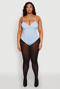 Womens Plus Rhinestone Ruched Padded Bustier Bodysuit, Blue,
