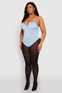 Womens Plus Rhinestone Ruched Padded Bustier Bodysuit, Blue,