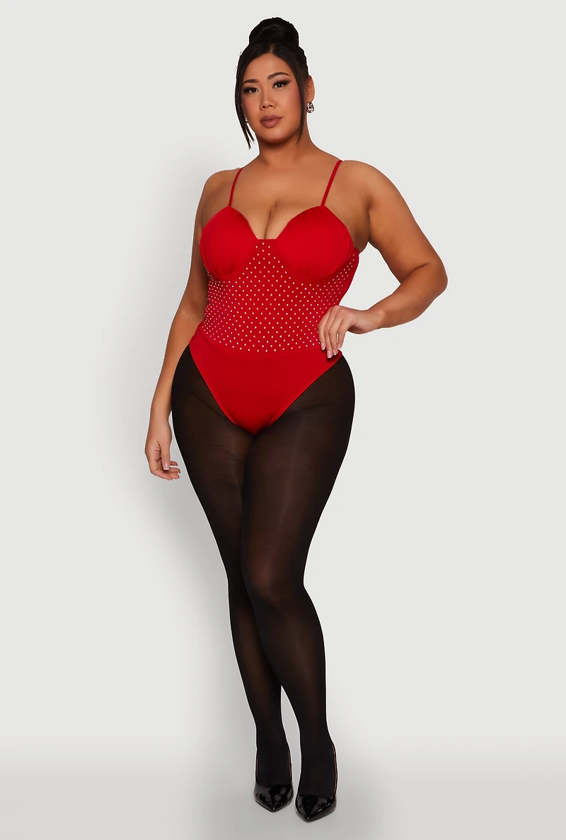Womens Plus Size Rhinestone Ruched Padded Bustier Bodysuit, Red, Size 1X