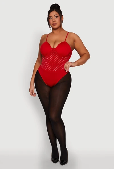 Womens Plus Size Rhinestone Ruched Padded Bustier Bodysuit, Red, Size 1X