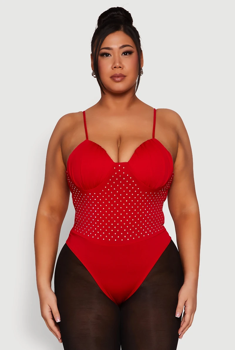 Womens Plus Size Rhinestone Ruched Padded Bustier Bodysuit, Red, Size 1X