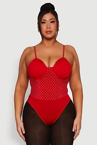 Womens Plus Size Rhinestone Ruched Padded Bustier Bodysuit, Red, Size 1X