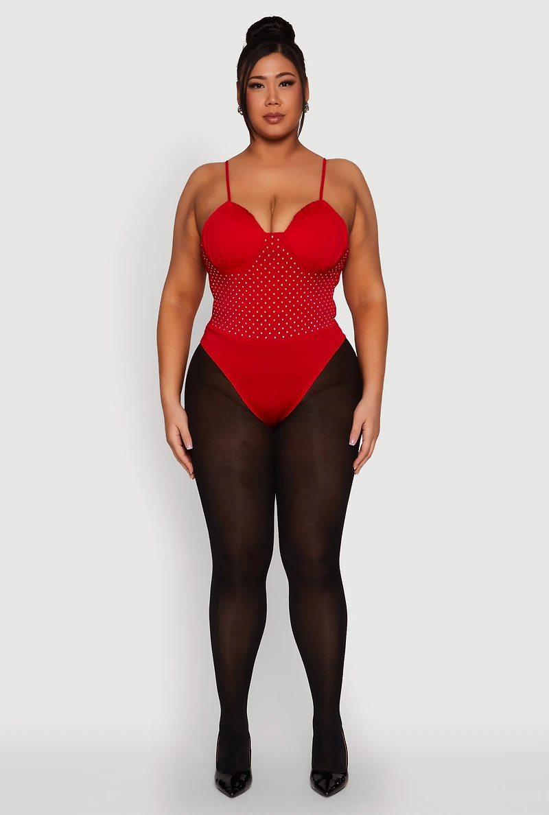 Womens Plus Size Rhinestone Ruched Padded Bustier Bodysuit, Red, Size 1X