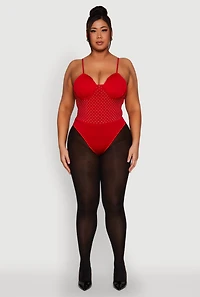 Womens Plus Size Rhinestone Ruched Padded Bustier Bodysuit, Red, Size 1X