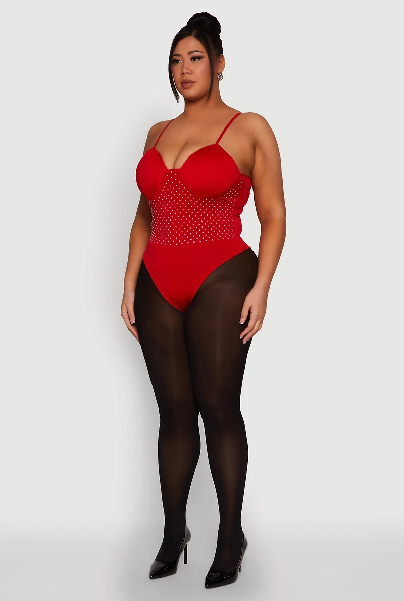 Womens Plus Size Rhinestone Ruched Padded Bustier Bodysuit, Red, Size 1X