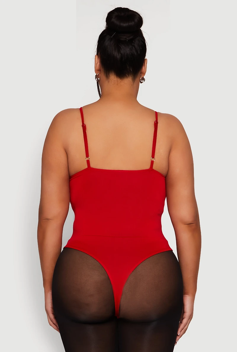 Womens Plus Size Rhinestone Ruched Padded Bustier Bodysuit, Red, Size 1X