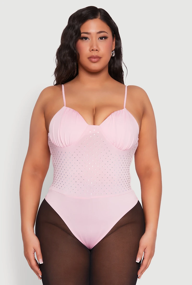 Womens Plus Size Rhinestone Ruched Padded Bustier Bodysuit, Pink, Size 2X