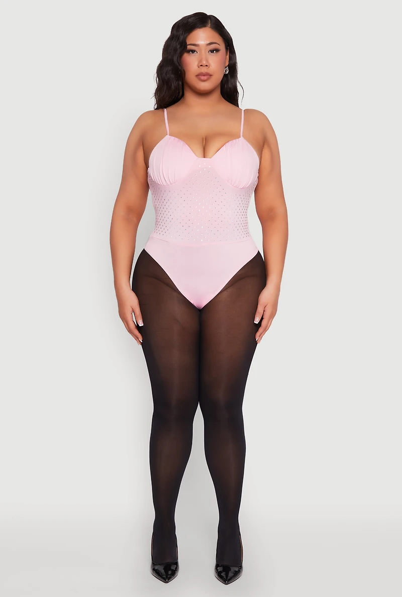 Womens Plus Size Rhinestone Ruched Padded Bustier Bodysuit, Pink, Size 2X