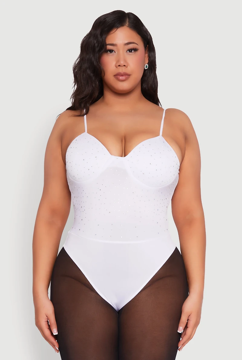 Womens Plus Size Rhinestone Bustier Bodysuit, White, Size 1X