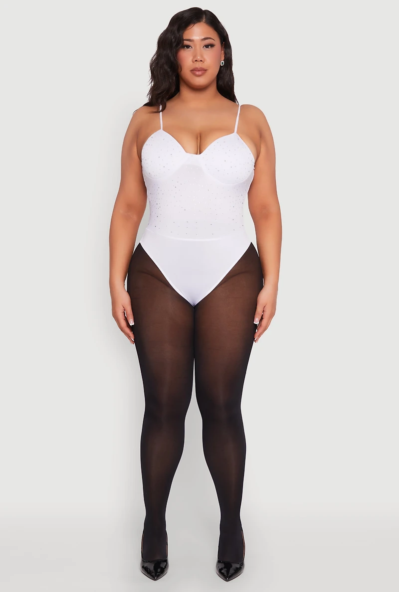 Womens Plus Size Rhinestone Bustier Bodysuit, White, Size 1X