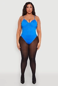 Womens Plus Size Rhinestone Bustier Bodysuit, Blue, Size 2X