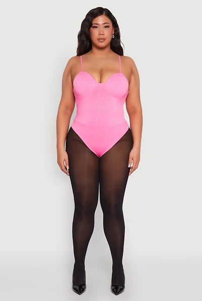 Womens Plus Size Rhinestone Bustier Bodysuit, Pink, Size 2X