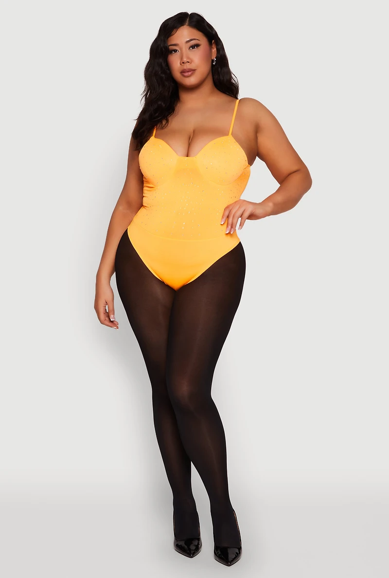 Womens Plus Size Rhinestone Bustier Bodysuit, Orange, Size 1X