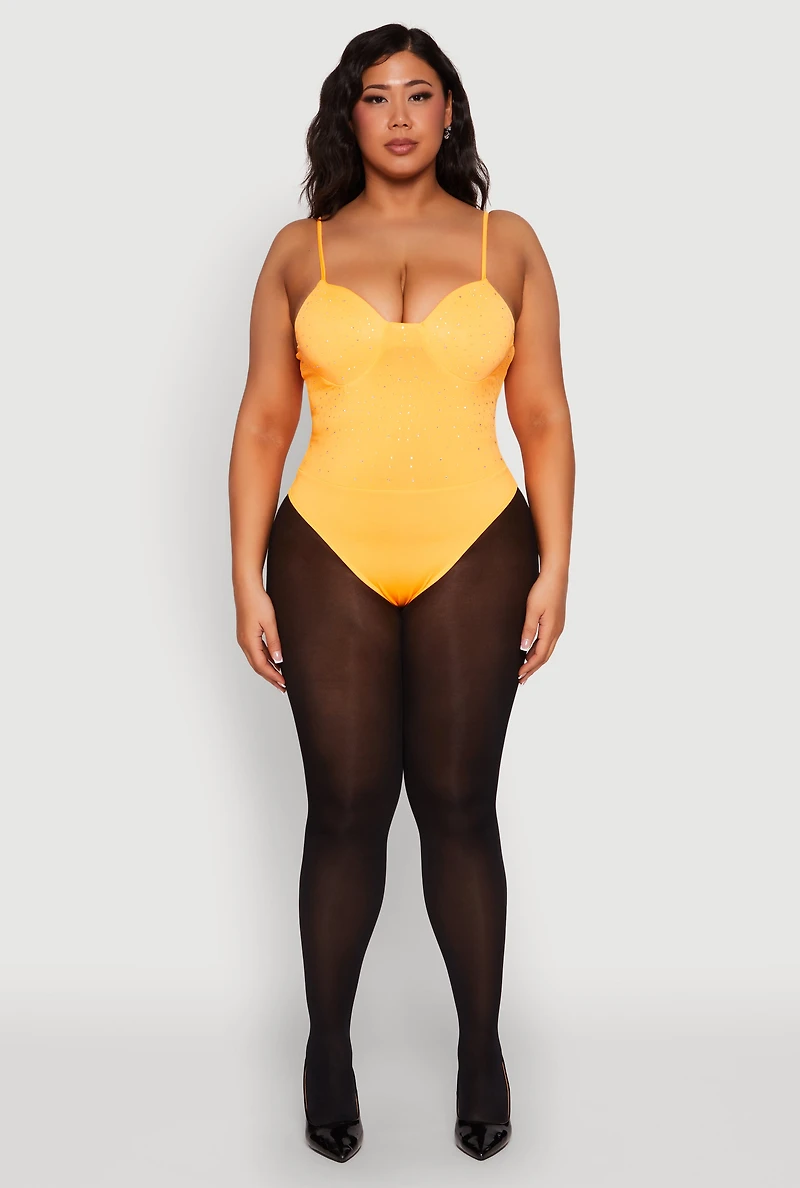 Womens Plus Size Rhinestone Bustier Bodysuit, Orange, Size 1X
