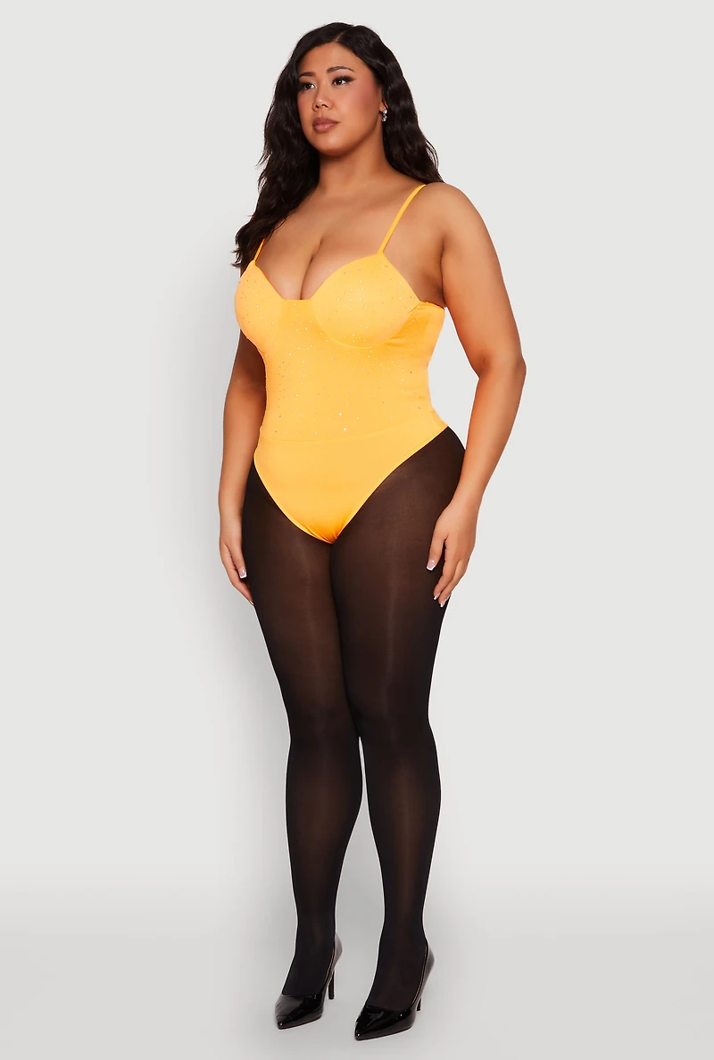 Womens Plus Size Rhinestone Bustier Bodysuit, Orange, Size 2X