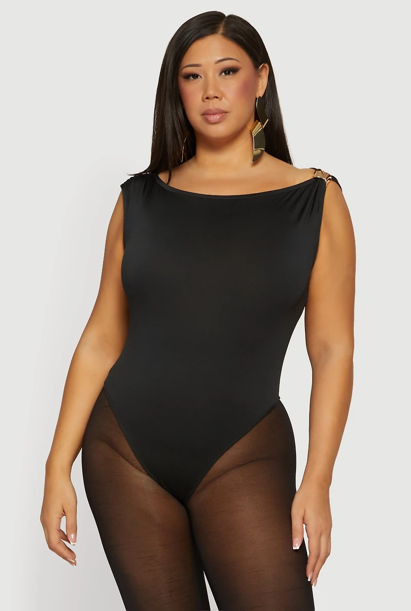 Plus Boat Neck Cap Sleeve Bodysuit with Metallic Detail