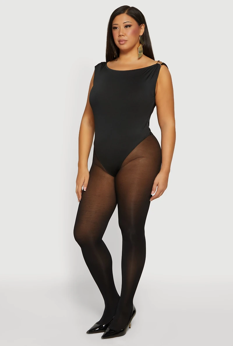 Plus Boat Neck Cap Sleeve Bodysuit with Metallic Detail