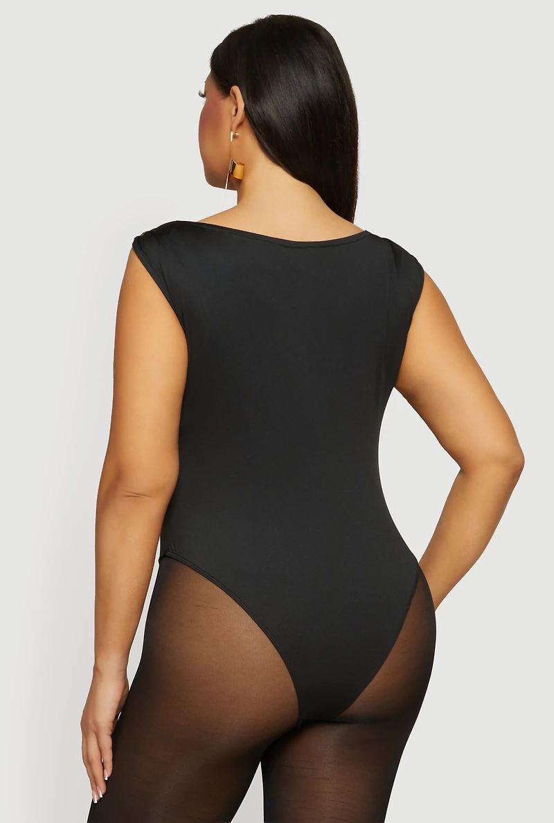 Plus Boat Neck Cap Sleeve Bodysuit with Metallic Detail