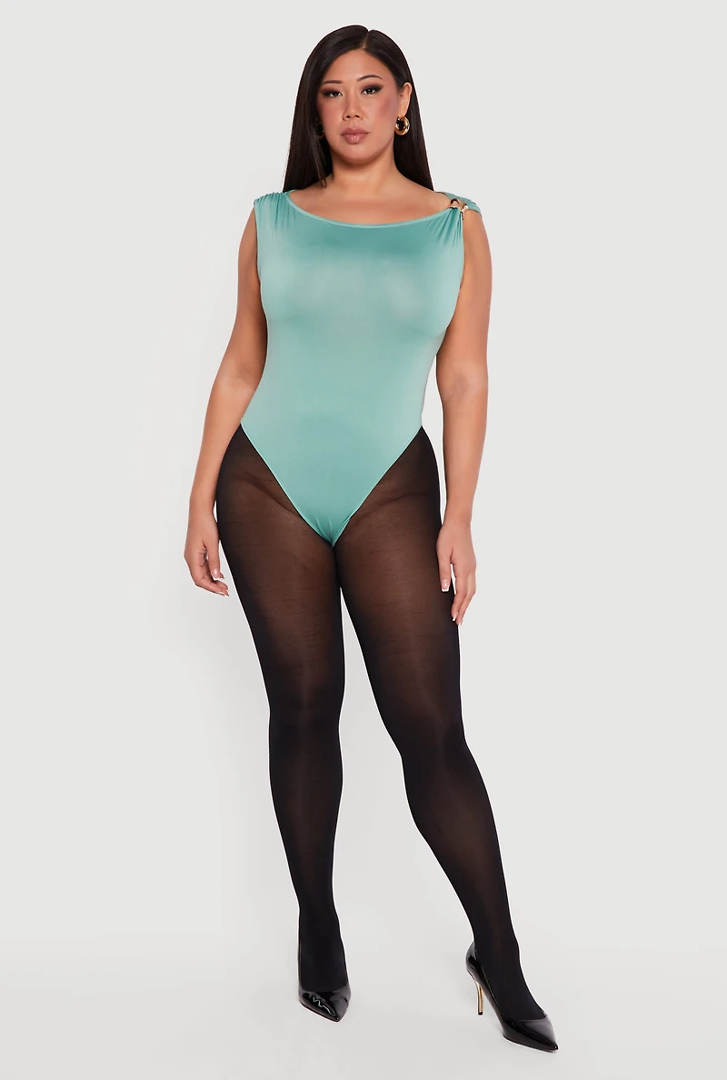 Plus Boat Neck Cap Sleeve Bodysuit with Metallic Detail