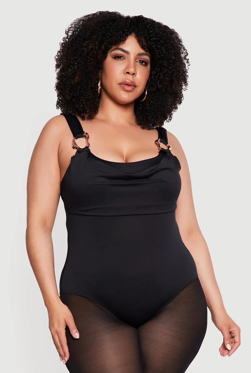 Pus Abstract Metallic Strap Detail Cowl Neck Bodysuit