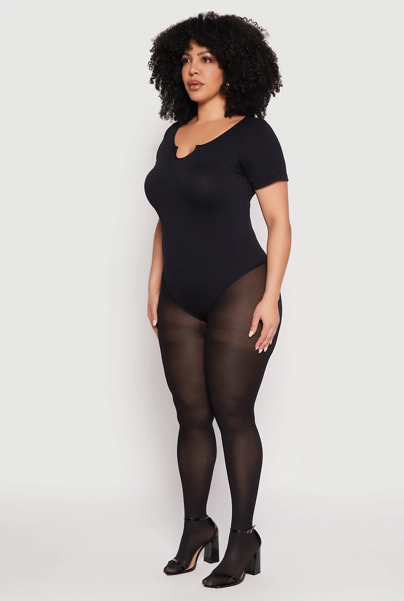 Womens Plus Ribbed Knit Notch Neck Bodysuit, 2X-3X