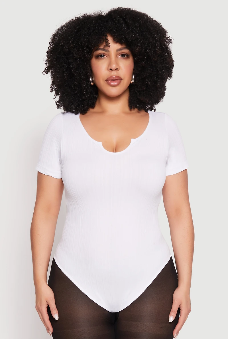 Womens Plus Size Ribbed Knit Notch Neck Bodysuit, White, Size 1X-2X