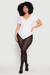 Womens Plus Size Ribbed Knit Notch Neck Bodysuit, White, Size 1X-2X