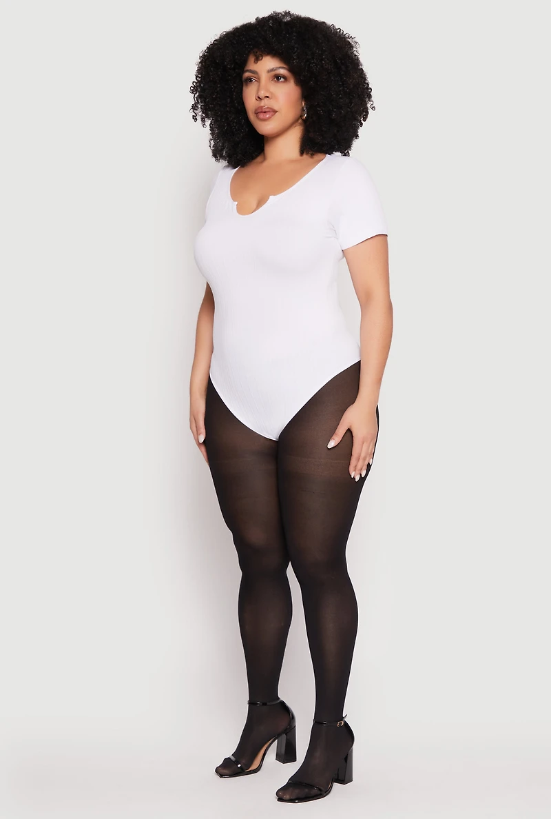 Womens Plus Size Ribbed Knit Notch Neck Bodysuit, White, Size 1X-2X
