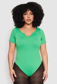 Womens Plus Size Ribbed Knit Notch Neck Bodysuit, Green, Size 1X-2X