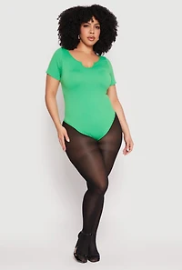 Womens Plus Size Ribbed Knit Notch Neck Bodysuit, Green, Size 1X-2X