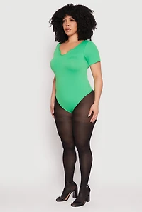 Womens Plus Ribbed Knit Notch Neck Bodysuit, Green,