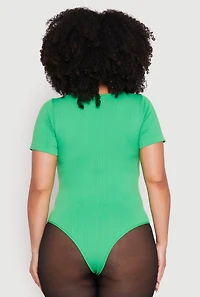 Womens Plus Size Ribbed Knit Notch Neck Bodysuit, Green, Size 1X-2X