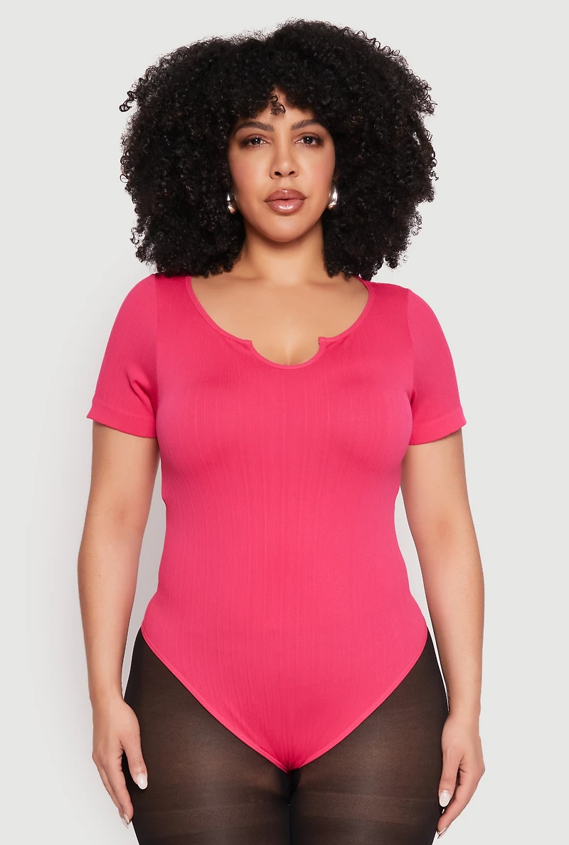Womens Plus Size Ribbed Knit Notch Neck Bodysuit, Pink, Size 2X-3X
