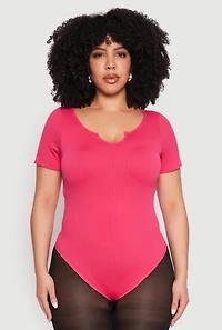 Womens Plus Size Ribbed Knit Notch Neck Bodysuit, Pink, Size 1X-2X