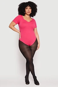 Womens Plus Size Ribbed Knit Notch Neck Bodysuit, Pink, Size 2X-3X