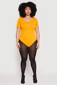 Womens Plus Ribbed Knit Notch Neck Bodysuit, Yellow,