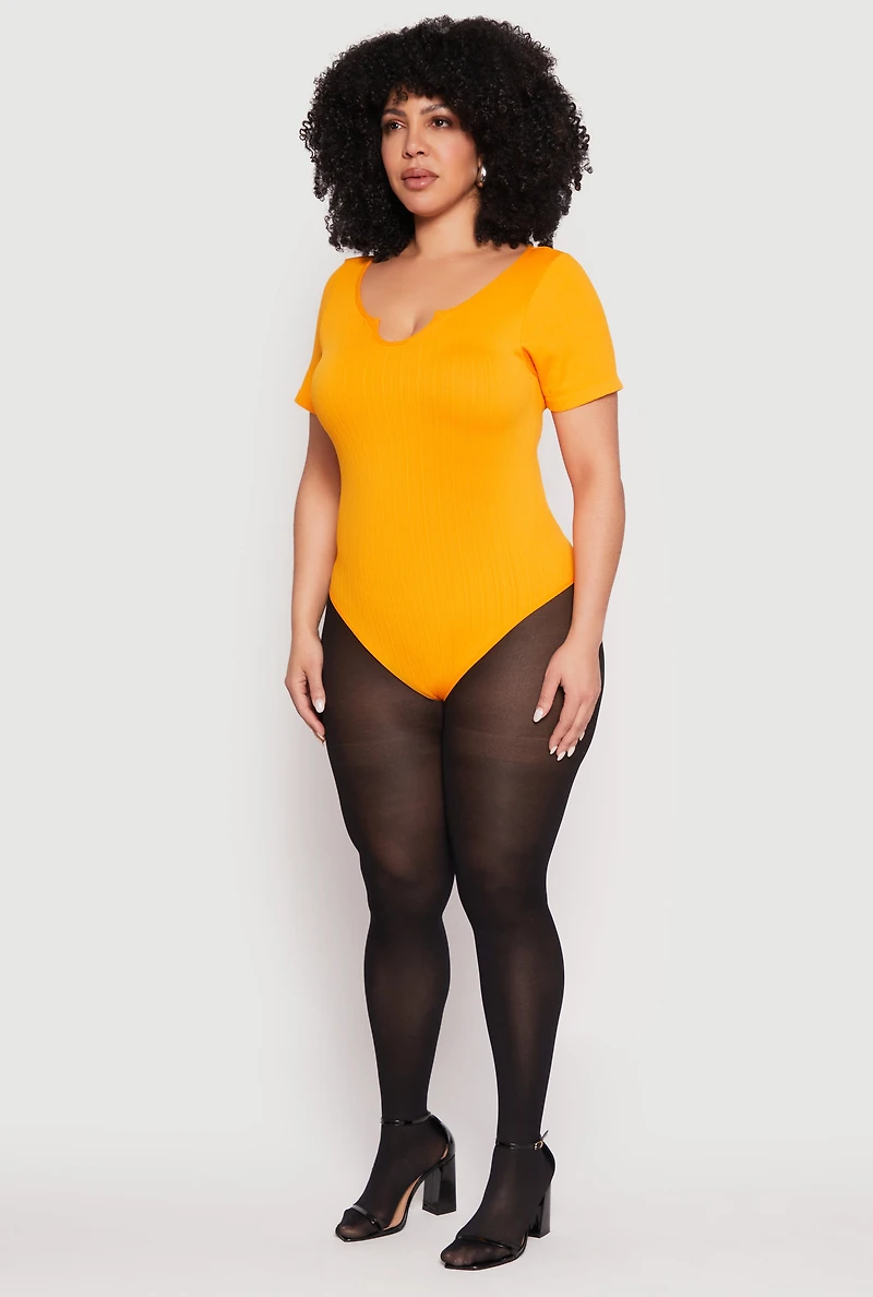 Womens Plus Ribbed Knit Notch Neck Bodysuit, Yellow,