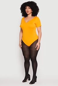 Womens Plus Ribbed Knit Notch Neck Bodysuit, Yellow,