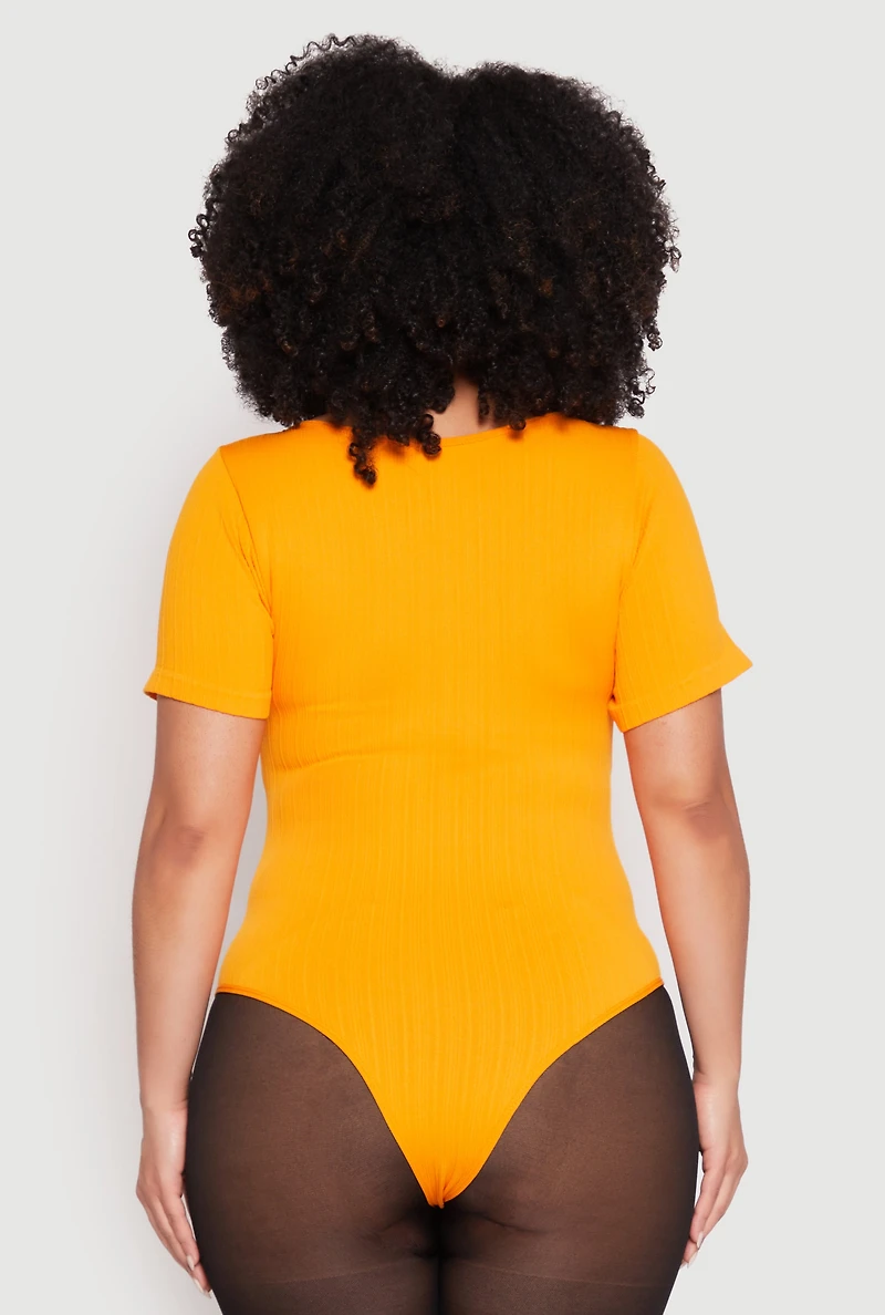 Womens Plus Ribbed Knit Notch Neck Bodysuit, Yellow,