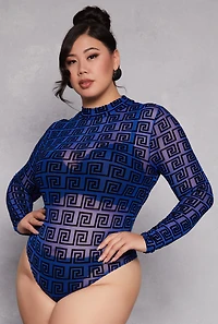 Plus Mesh Velvet Burnout Greek Key Bodysuit