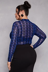 Womens Plus Mesh Velvet Burnout Greek Key Bodysuit,