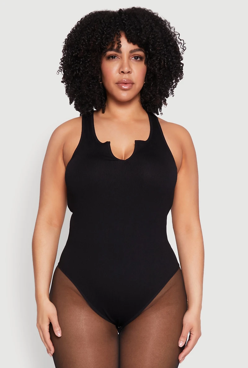 Womens Plus Size Ribbed Notch Neck Tank Bodysuit, Black, Size 2X-3X