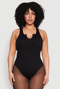 Womens Plus Size Ribbed Notch Neck Tank Bodysuit, Black, Size 2X-3X