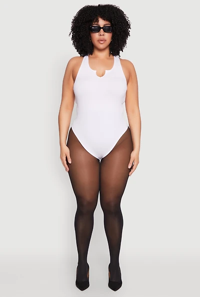 Womens Plus Size Ribbed Notch Neck Tank Bodysuit, White, Size 2X-3X
