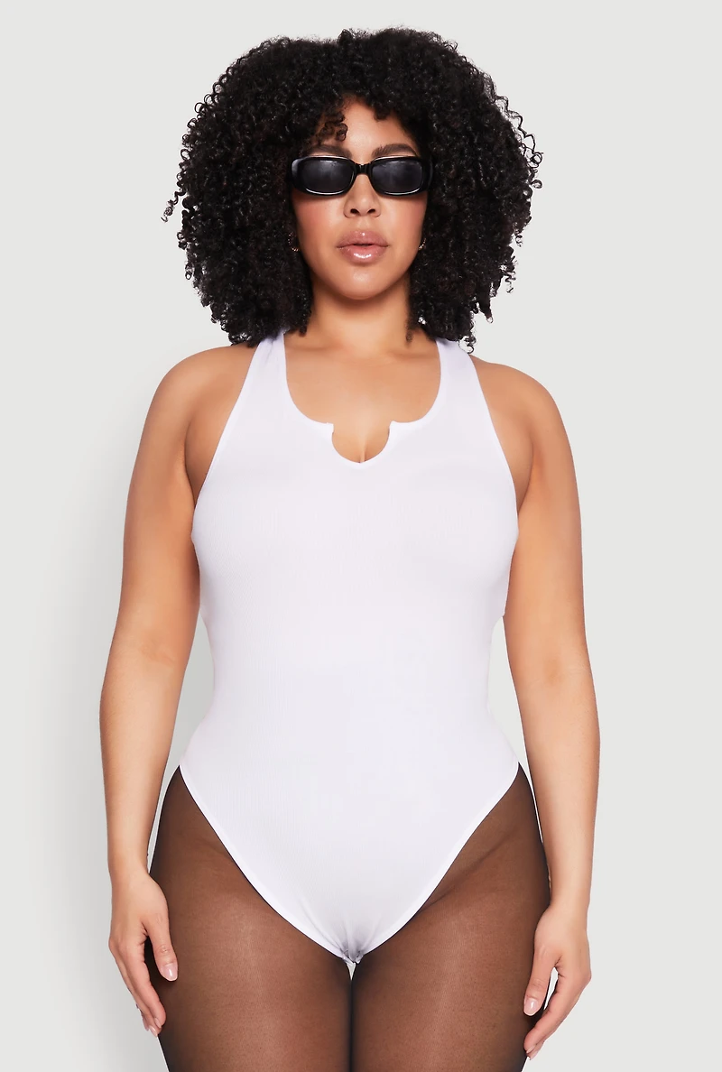 Womens Plus Size Ribbed Notch Neck Tank Bodysuit, White, Size 2X-3X