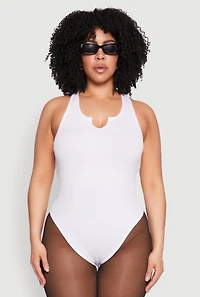Womens Plus Size Ribbed Notch Neck Tank Bodysuit, White, Size 2X-3X