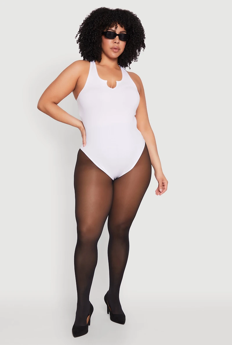 Womens Plus Size Ribbed Notch Neck Tank Bodysuit, White, Size 2X-3X