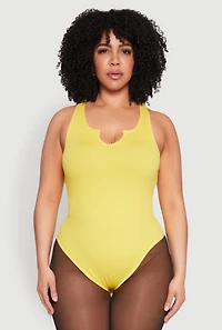 Womens Plus Ribbed Notch Neck Tank Bodysuit, Yellow,