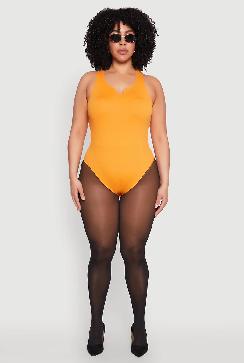 Womens Plus Size Ribbed Notch Neck Tank Bodysuit, Yellow, Size 2X-3X